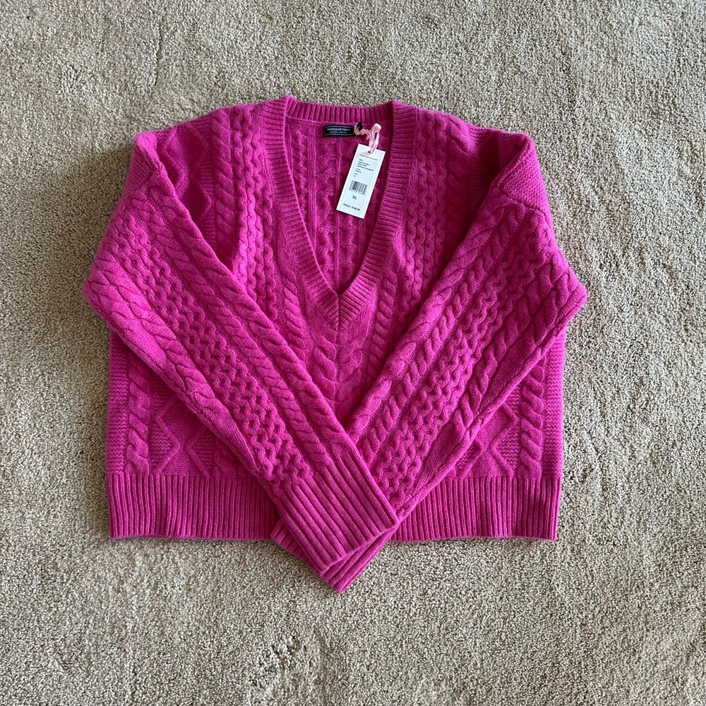 Vineyard Vines Pink Cable Knit V-Neck Sweater 100% Merino Wool